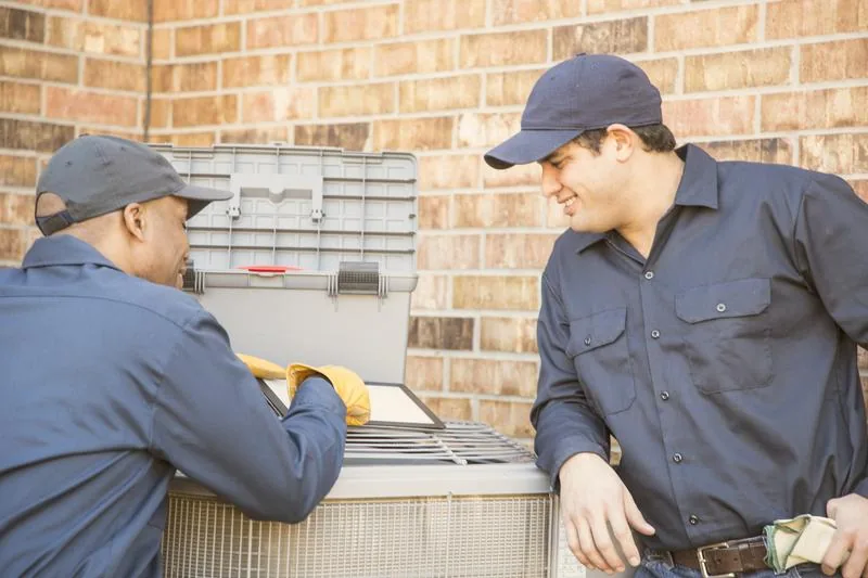 Two HVAC technicians working together on an air conditioning unit